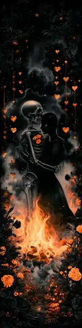 Free dark romance bookmark featuring flames and a skeleton in dark romance style